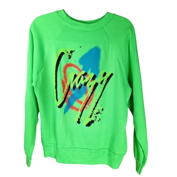 Vintage Sweaters - Vintage 80s Neon Green Sweatshirt "Crazy" Graphic Print Size Medium Mens Womens